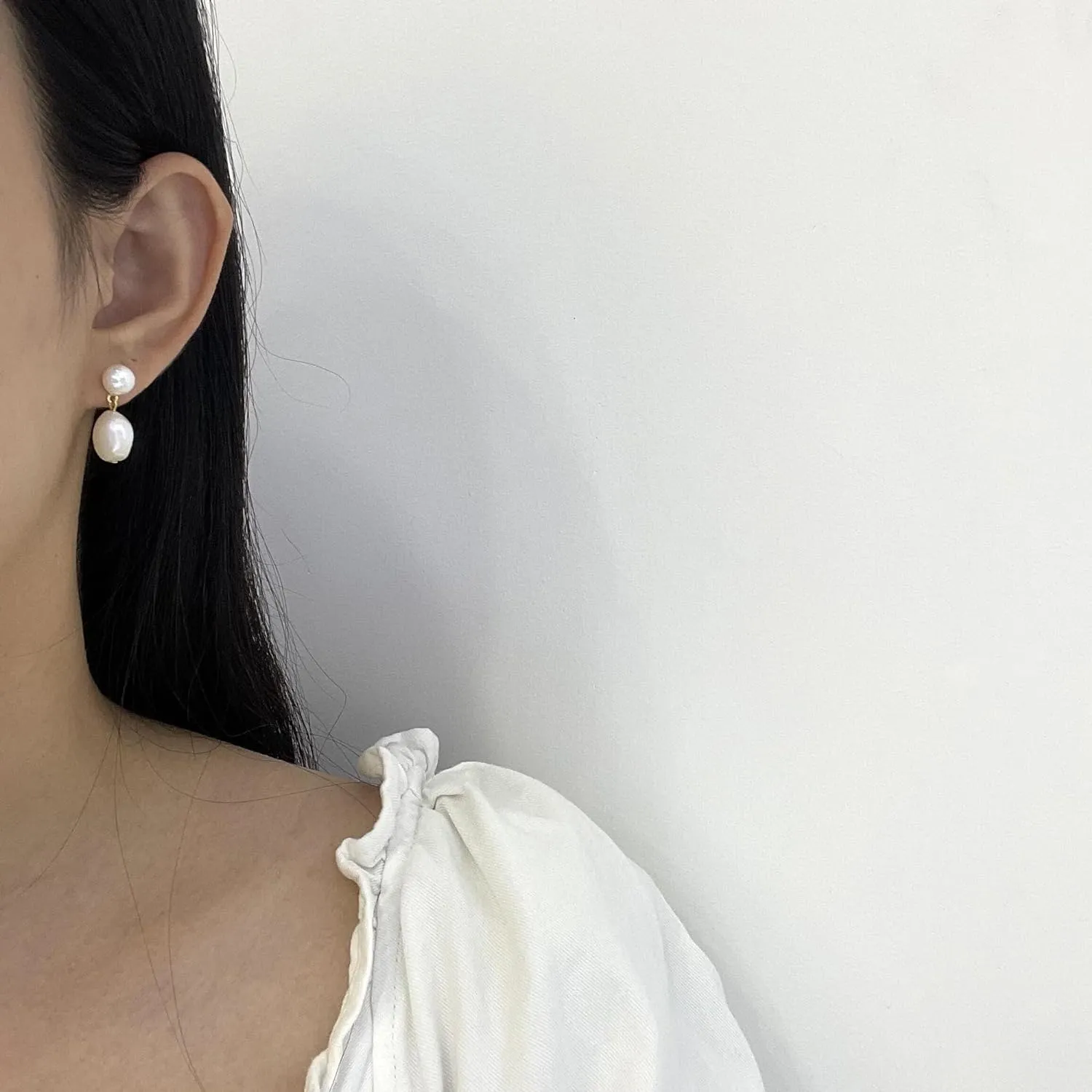 14K Gold Plated Cultured White Baroque Pearl Dangling Drop Earrings for Women Trendy