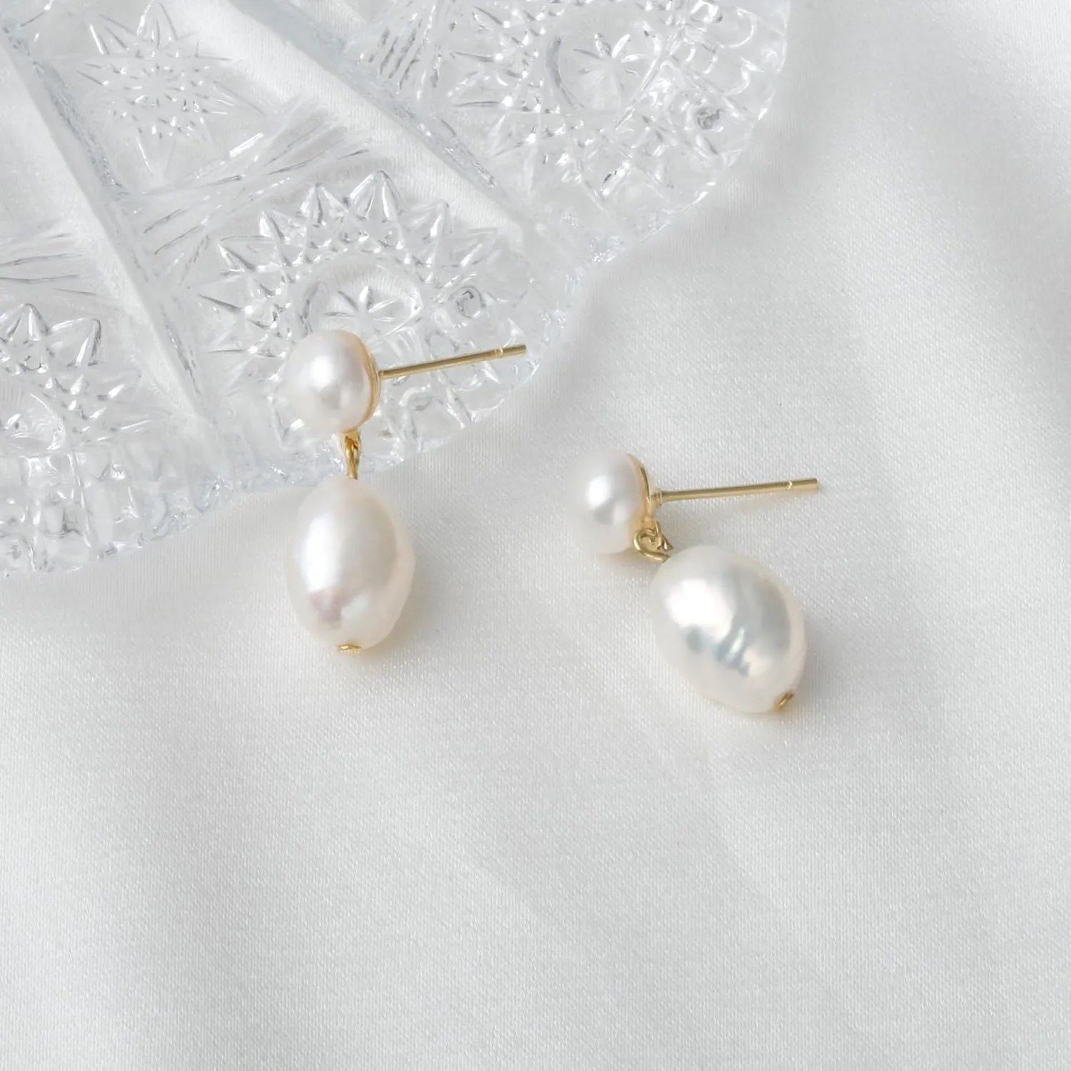 14K Gold Plated Cultured White Baroque Pearl Dangling Drop Earrings for Women Trendy