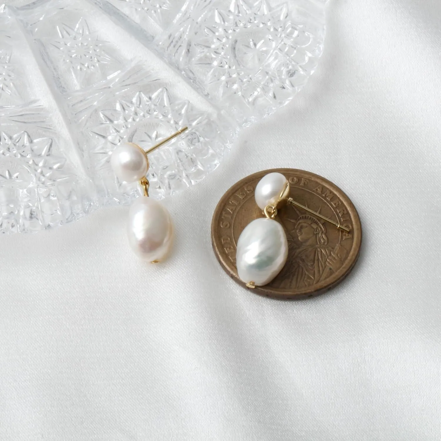 14K Gold Plated Cultured White Baroque Pearl Dangling Drop Earrings for Women Trendy