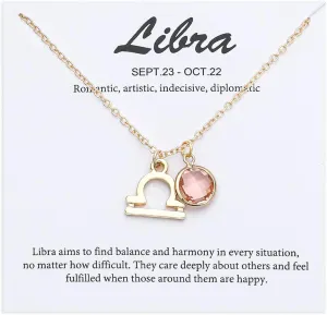14k Gold Plated Zodiac Birthstone Crystal Pendant Necklace, Horoscope Sign Charm Necklace for Women Birthday Gift