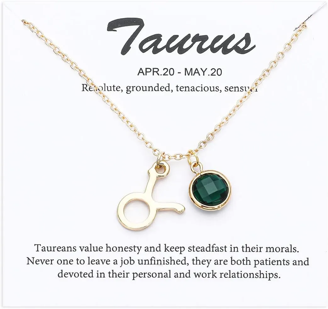 14k Gold Plated Zodiac Birthstone Crystal Pendant Necklace, Horoscope Sign Charm Necklace for Women Birthday Gift