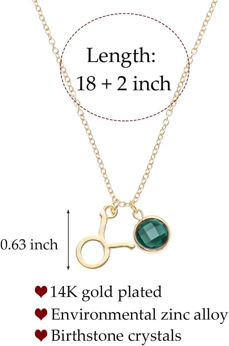 14k Gold Plated Zodiac Birthstone Crystal Pendant Necklace, Horoscope Sign Charm Necklace for Women Birthday Gift