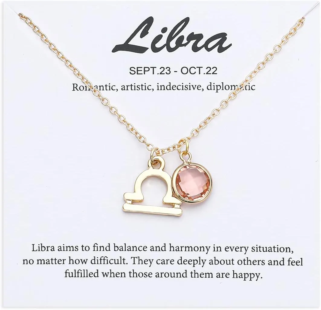 14k Gold Plated Zodiac Birthstone Crystal Pendant Necklace, Horoscope Sign Charm Necklace for Women Birthday Gift