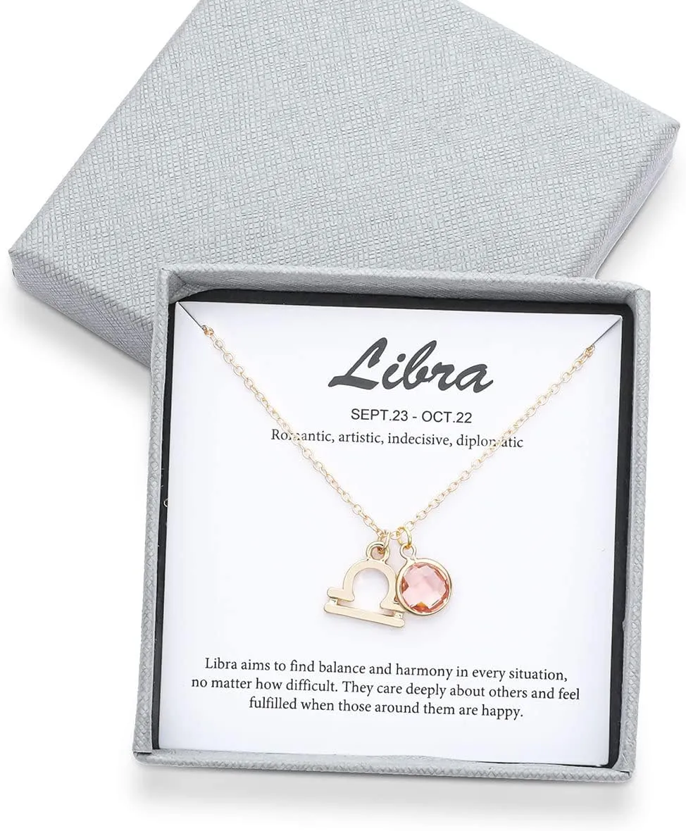 14k Gold Plated Zodiac Birthstone Crystal Pendant Necklace, Horoscope Sign Charm Necklace for Women Birthday Gift