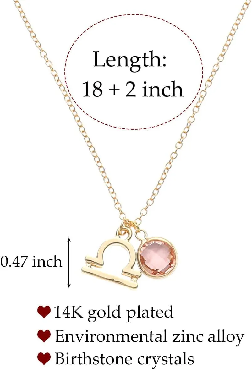14k Gold Plated Zodiac Birthstone Crystal Pendant Necklace, Horoscope Sign Charm Necklace for Women Birthday Gift