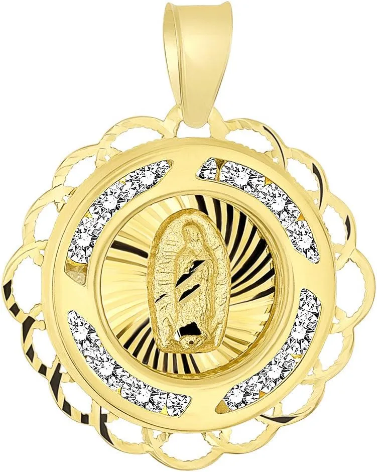 14k Yellow Gold Round Religious Our Lady of Guadalupe Mary Medal Charm Pendant with Cubic Zirconia Gemstones