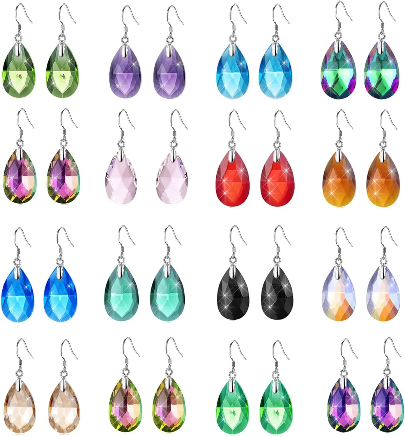 16 Pairs Drop Dangle Earrings Set for Women Rainbow Crystal Earrings Teardrop Dangle Hook Earrings Hypoallergenic Jewelry