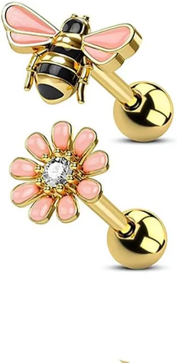 16G Daisy Bee Cartilage Stud Earrings for Women Stainless Steel Asymmetric Cute Flower Insect Small Helix Earrings Tragus Piercing Studs Conch Piercing Jewelry