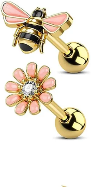 16G Daisy Bee Cartilage Stud Earrings for Women Stainless Steel Asymmetric Cute Flower Insect Small Helix Earrings Tragus Piercing Studs Conch Piercing Jewelry
