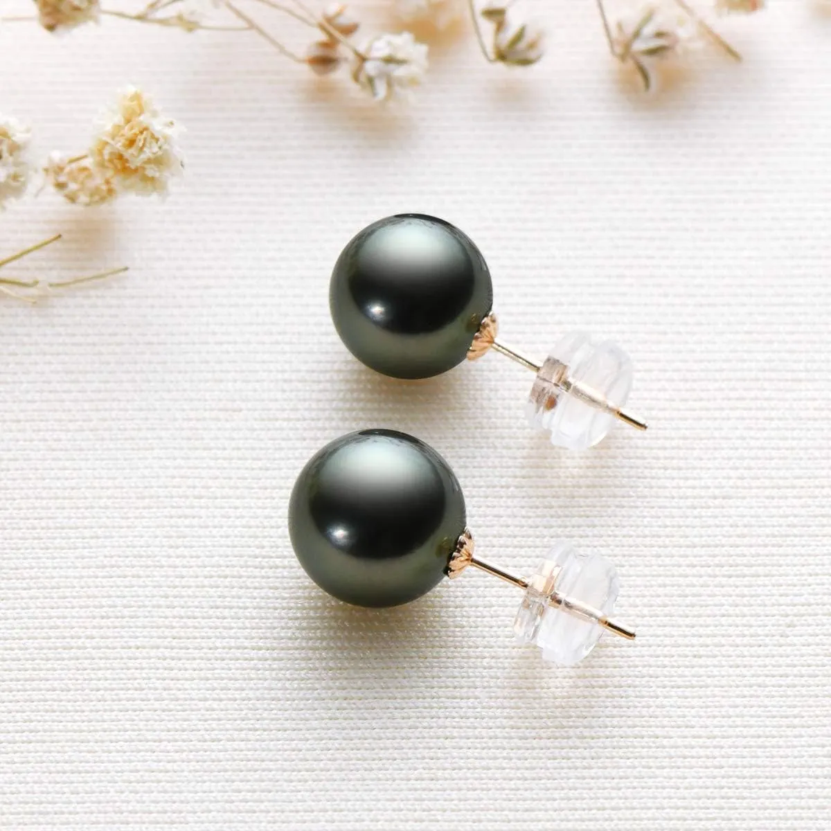 18K Gold Black Pearl Stud Earrings for Women, Genuine Tahitian Cultured Pearl Jewelry Gifts for Her 8-9/9-10/10-11mm