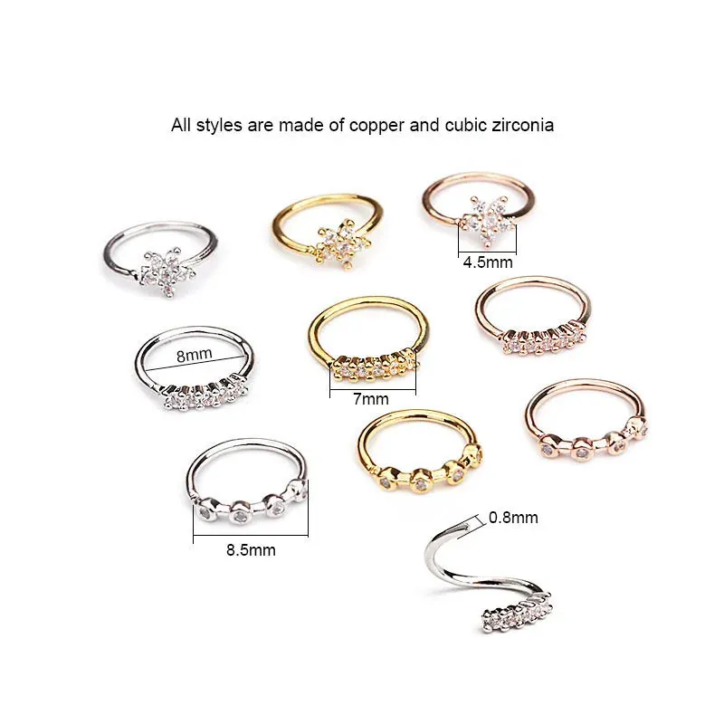 1Piece 20gx8mm Zircon Nose Rings Nostril Bendable Flower Hoop Ring Tragus Ear Cartilage Earring for Women Nose Piercing Jewelry