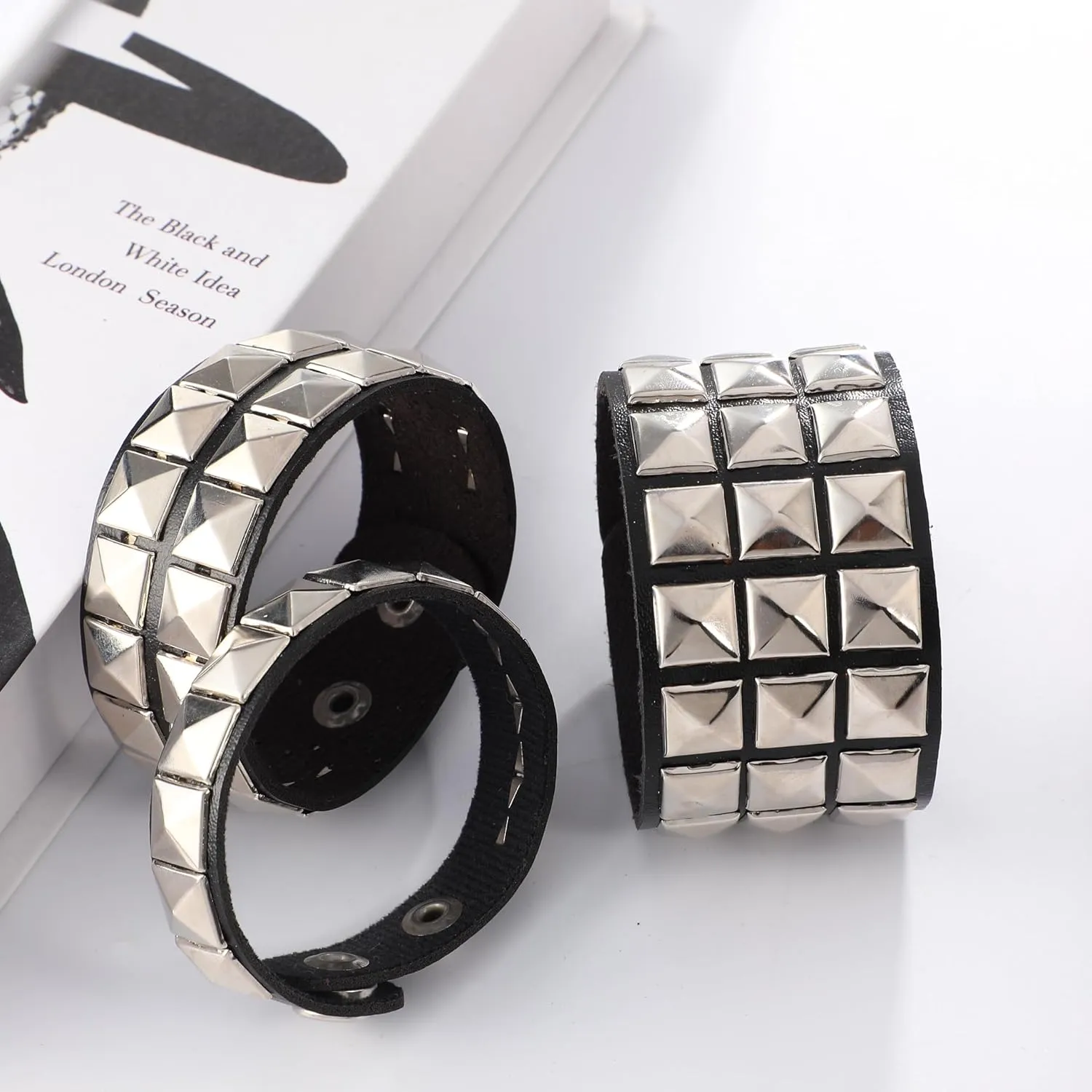 3 Piece 80s Leather Studded Punk Bracelet, Rock Studded Leather Wristband for Men Women