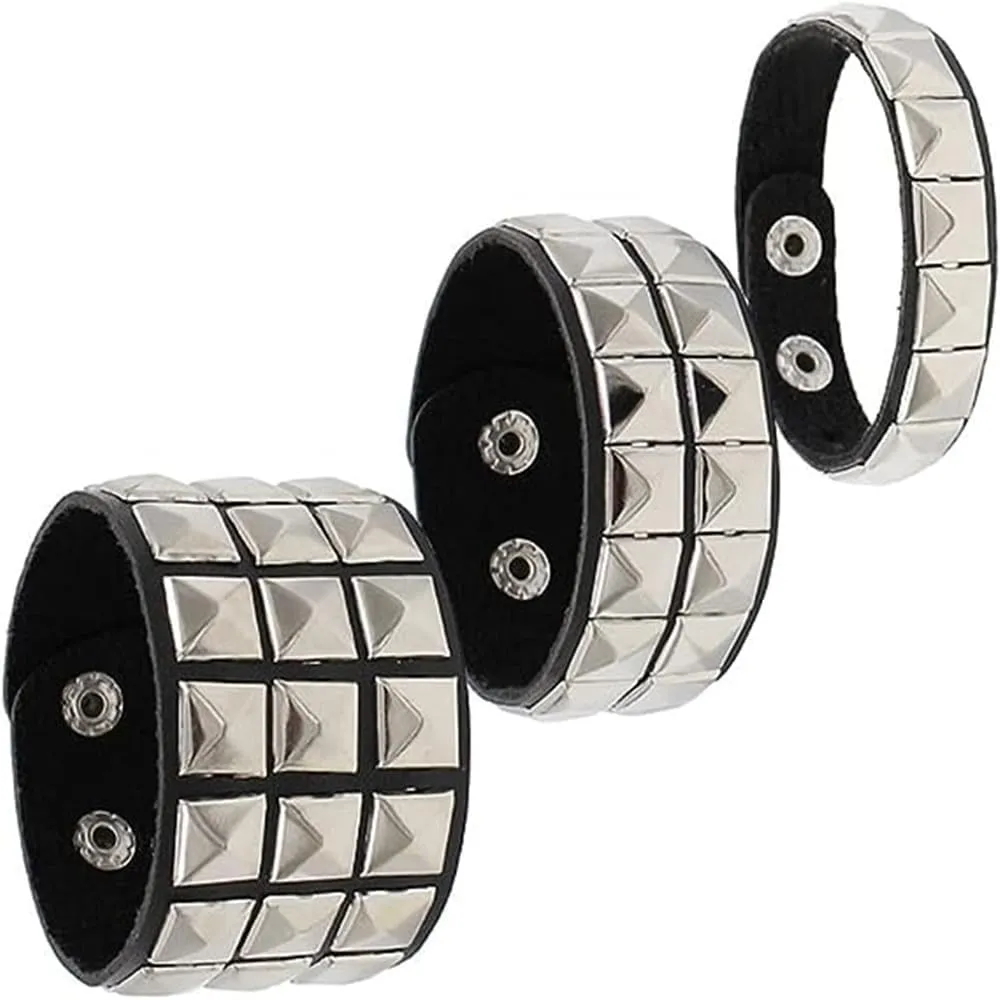 3 Piece 80s Leather Studded Punk Bracelet, Rock Studded Leather Wristband for Men Women