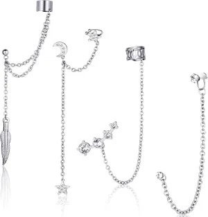4 Pieces Cuff Earrings Chain Asymmetric Moon Star Tassel Ear Cuff Crawler Long Chain Climbers Drop Dangle Earrings for Women Holiday Decor (Silver)