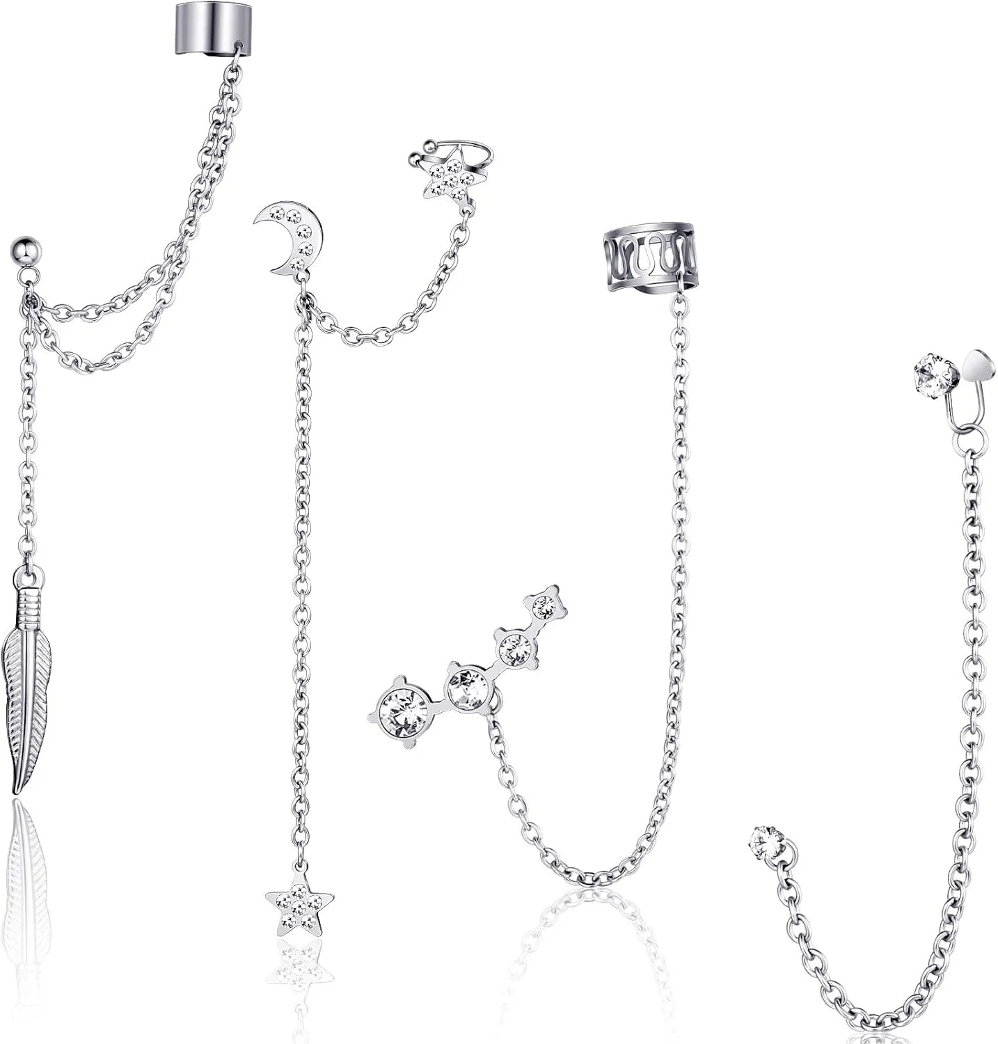 4 Pieces Cuff Earrings Chain Asymmetric Moon Star Tassel Ear Cuff Crawler Long Chain Climbers Drop Dangle Earrings for Women Holiday Decor (Silver)