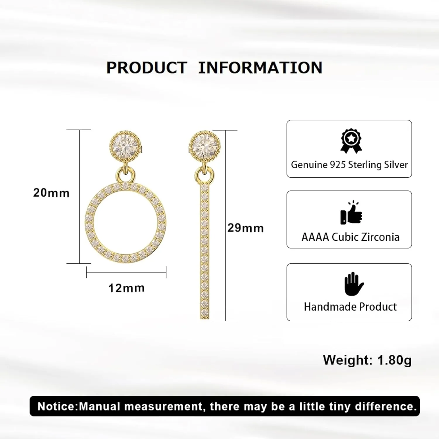 925 Sterling Silver Asymmetric Earrings Bar & Circle Dangle Earrings for Women, Shining Cubic Zirconia Fashion Earrings for Her