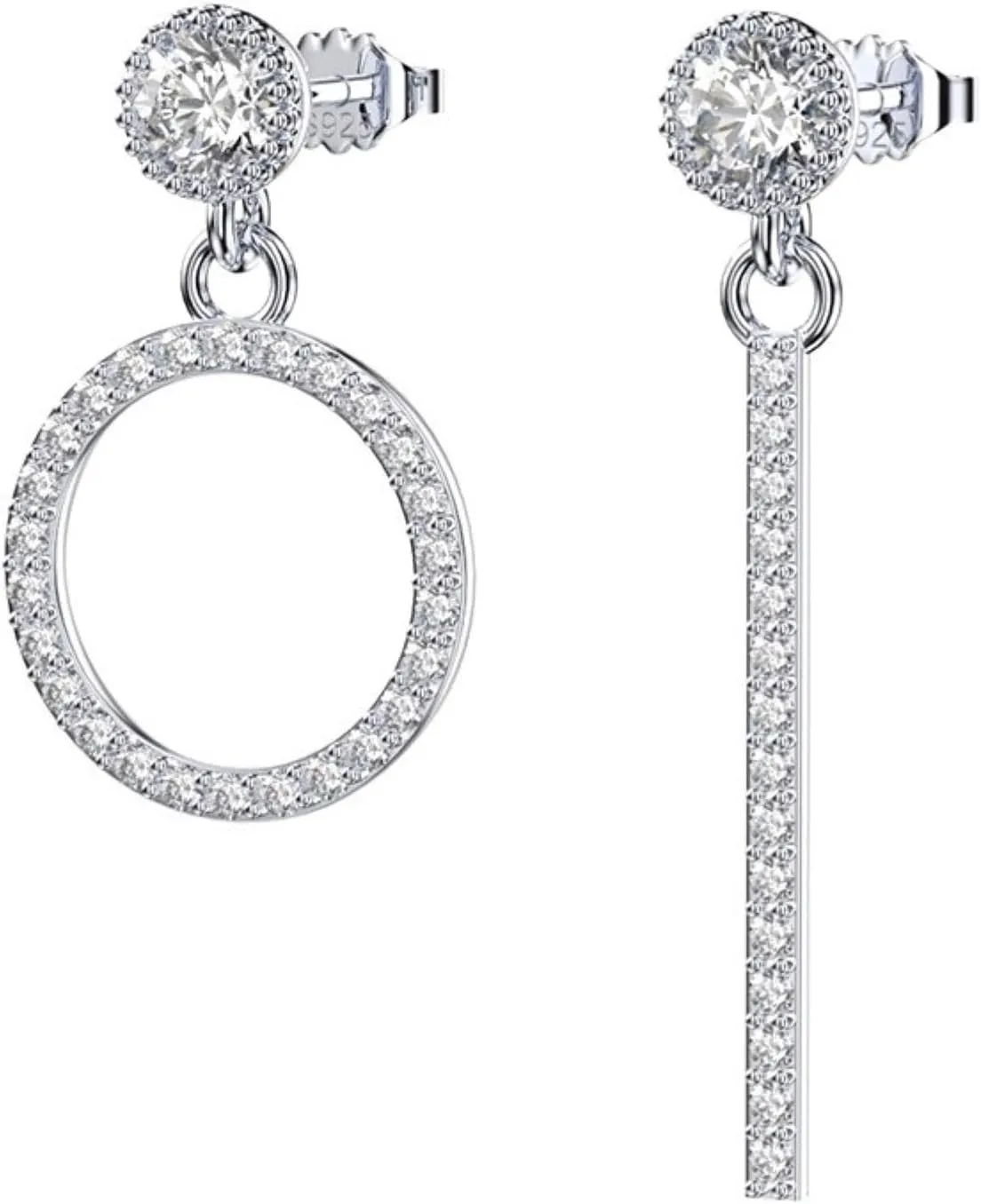 925 Sterling Silver Asymmetric Earrings Bar & Circle Dangle Earrings for Women, Shining Cubic Zirconia Fashion Earrings for Her