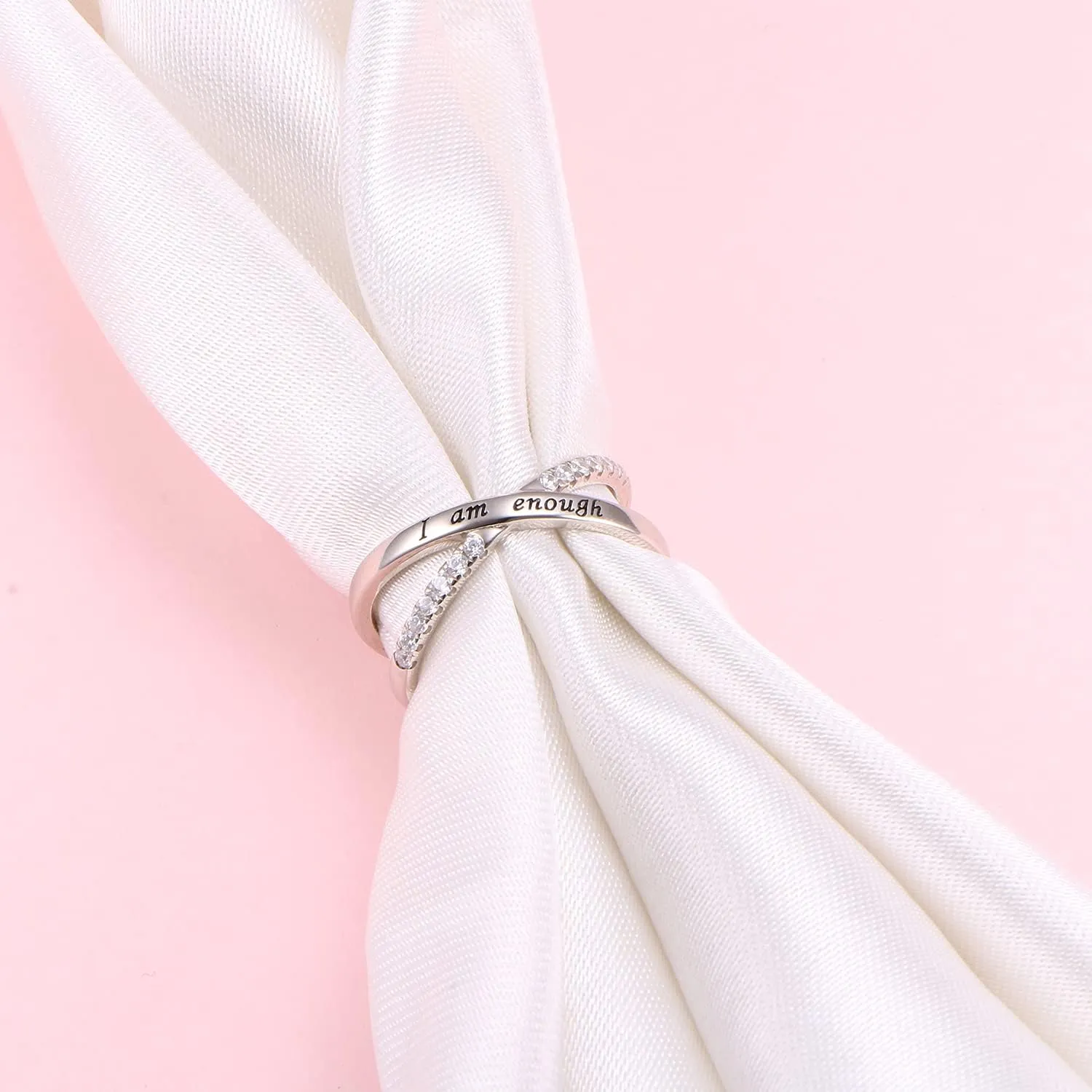 925 Sterling Silver Ring for Women I am Enough Inspirational Ring CZ Simulated Criss Cross X Ring Size 6-9