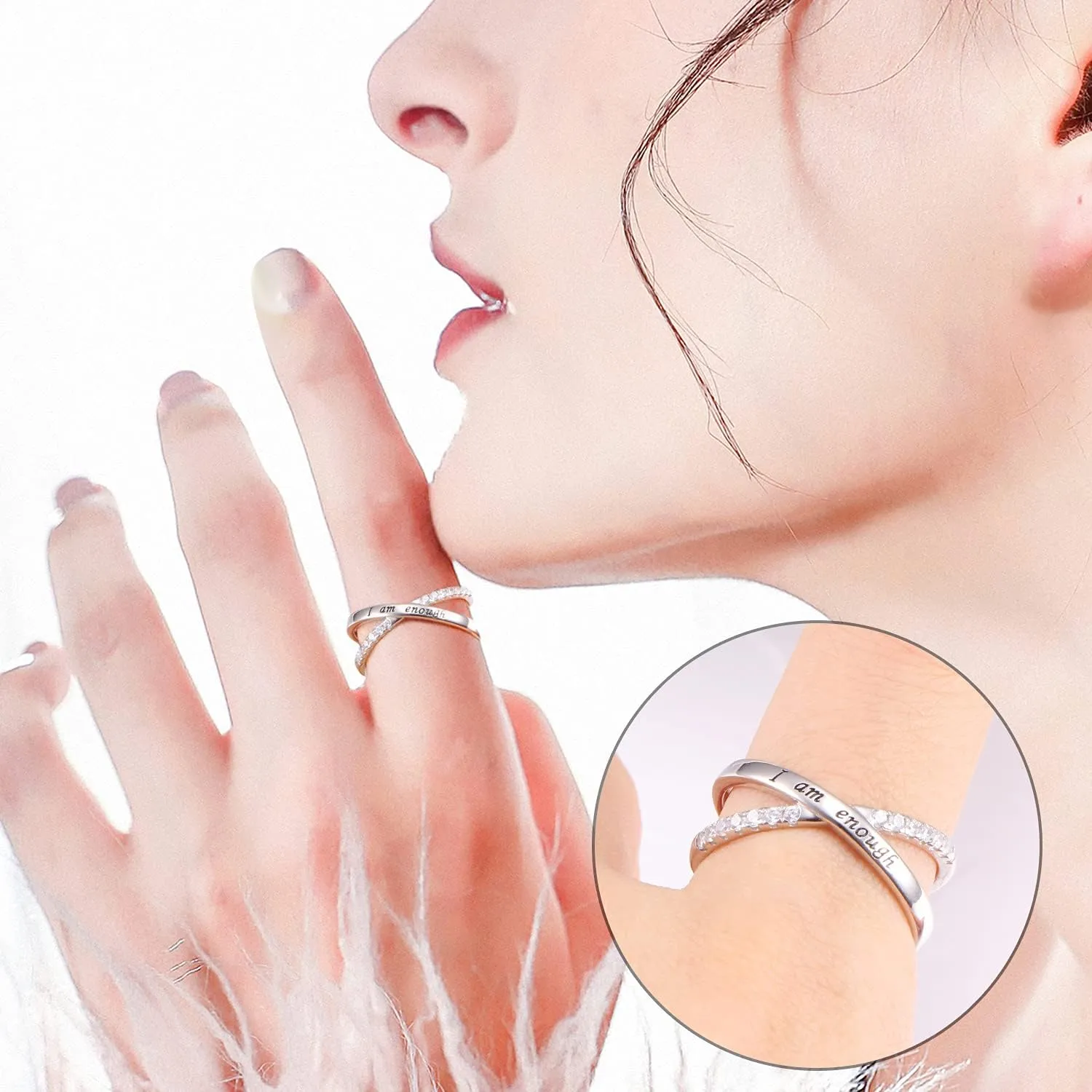 925 Sterling Silver Ring for Women I am Enough Inspirational Ring CZ Simulated Criss Cross X Ring Size 6-9