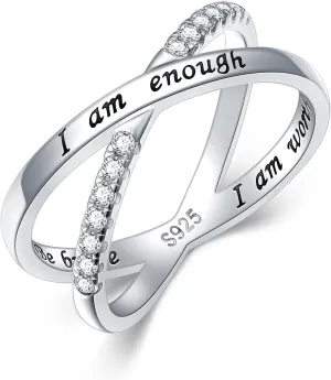925 Sterling Silver Ring for Women I am Enough Inspirational Ring CZ Simulated Criss Cross X Ring Size 6-9