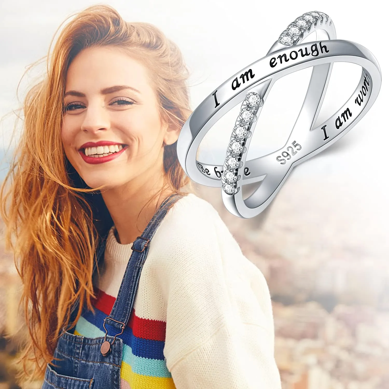925 Sterling Silver Ring for Women I am Enough Inspirational Ring CZ Simulated Criss Cross X Ring Size 6-9
