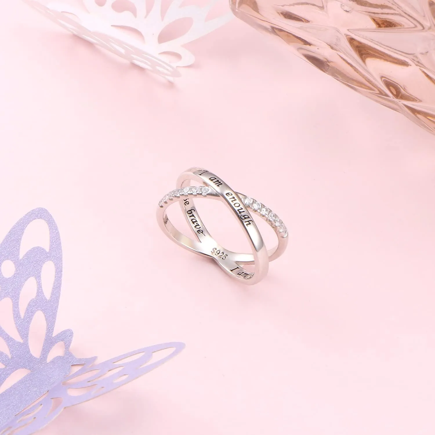 925 Sterling Silver Ring for Women I am Enough Inspirational Ring CZ Simulated Criss Cross X Ring Size 6-9