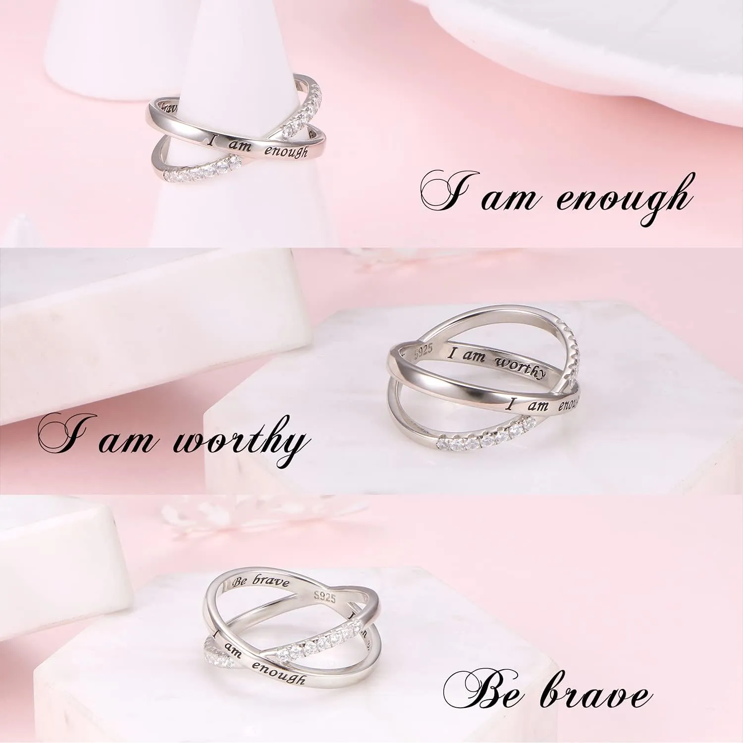 925 Sterling Silver Ring for Women I am Enough Inspirational Ring CZ Simulated Criss Cross X Ring Size 6-9
