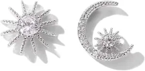 925 Sterling Silver Stud Earrings CZ Sun and Moon Earrings for Women, Sparkly Moon and Star Earrings Asymmetric Jewelry Gift