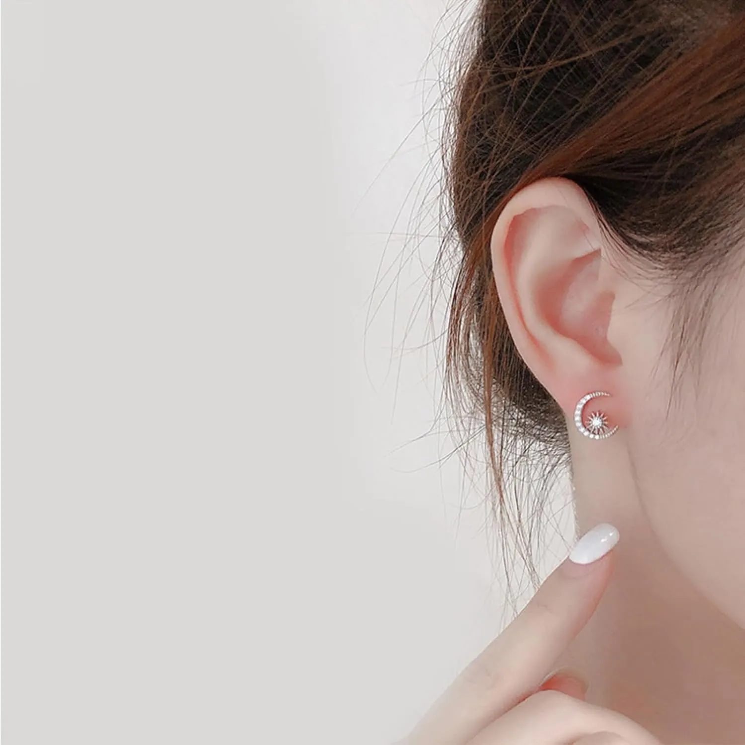 925 Sterling Silver Stud Earrings CZ Sun and Moon Earrings for Women, Sparkly Moon and Star Earrings Asymmetric Jewelry Gift