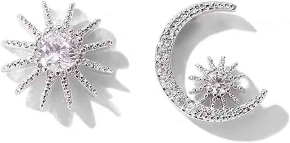 925 Sterling Silver Stud Earrings CZ Sun and Moon Earrings for Women, Sparkly Moon and Star Earrings Asymmetric Jewelry Gift
