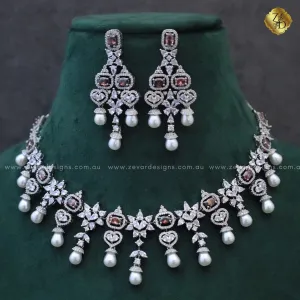 AD Necklace Set with Pearls Drop & Rhodolite