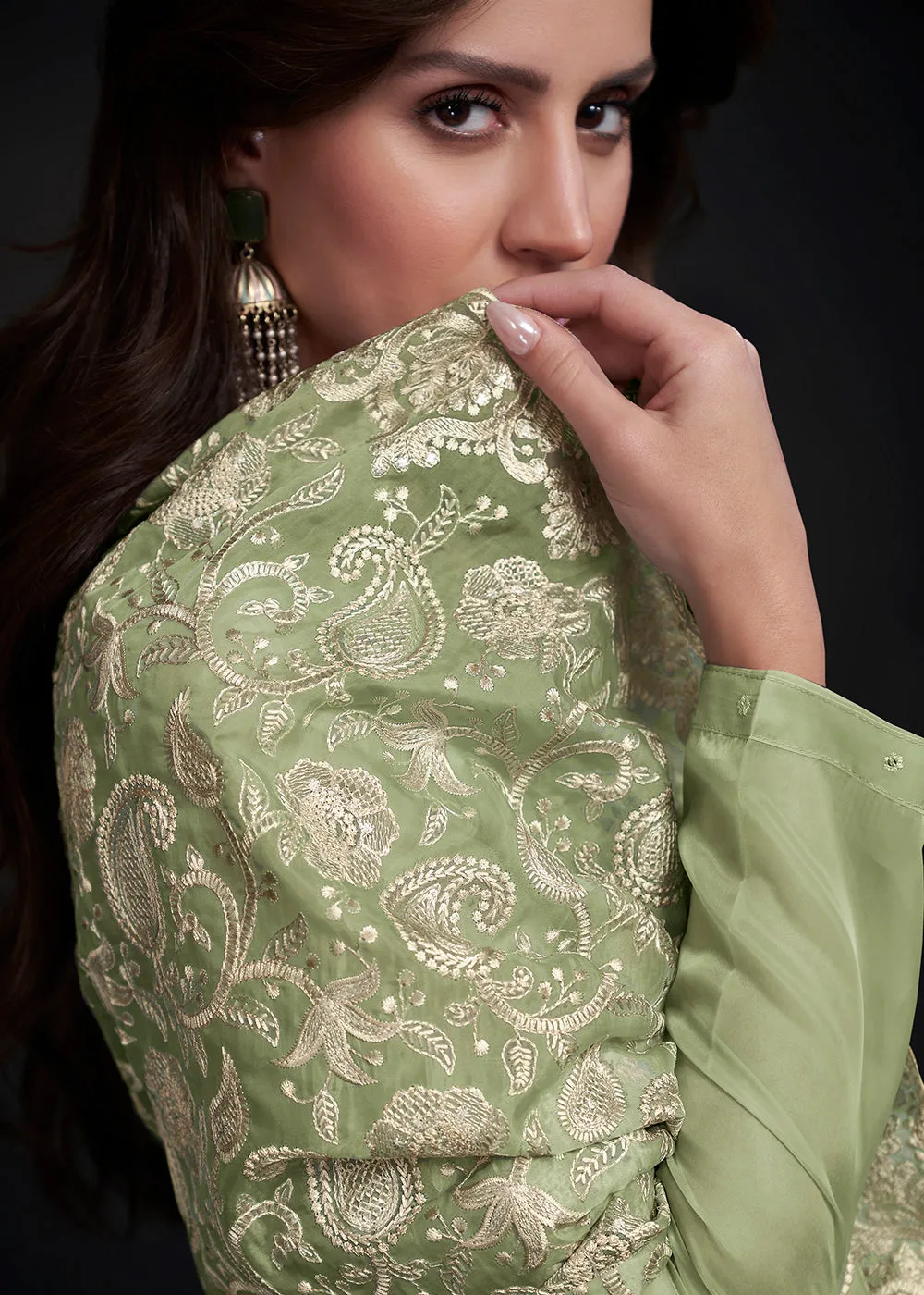 Adorning Green Embroidered Organza Festive Pant Style Suit