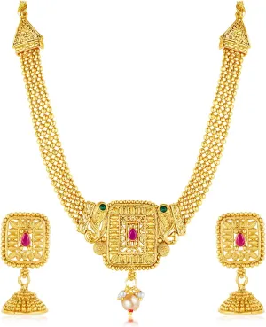 Aheli Gold Plated Rani Pink Green Synthetic Stone & Pearl Studded Necklace & Jhumki Earrings Ethnic Jewellery Set Gift for Women