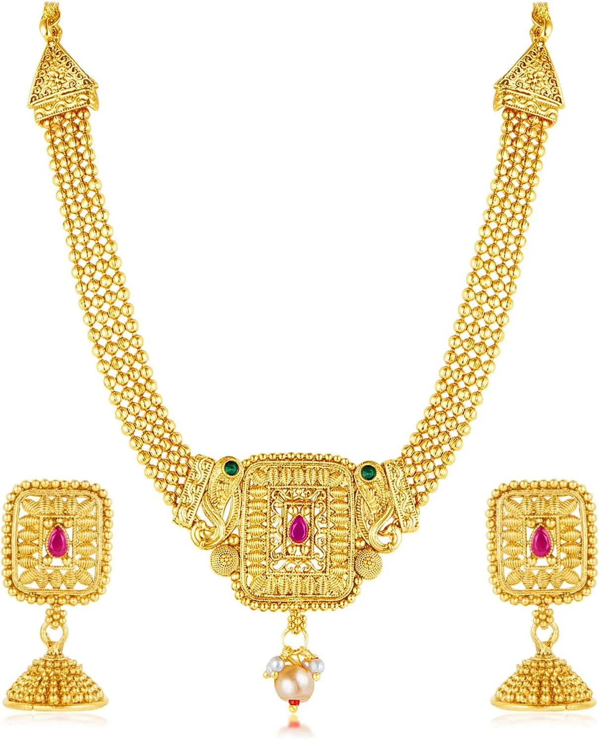 Aheli Gold Plated Rani Pink Green Synthetic Stone & Pearl Studded Necklace & Jhumki Earrings Ethnic Jewellery Set Gift for Women