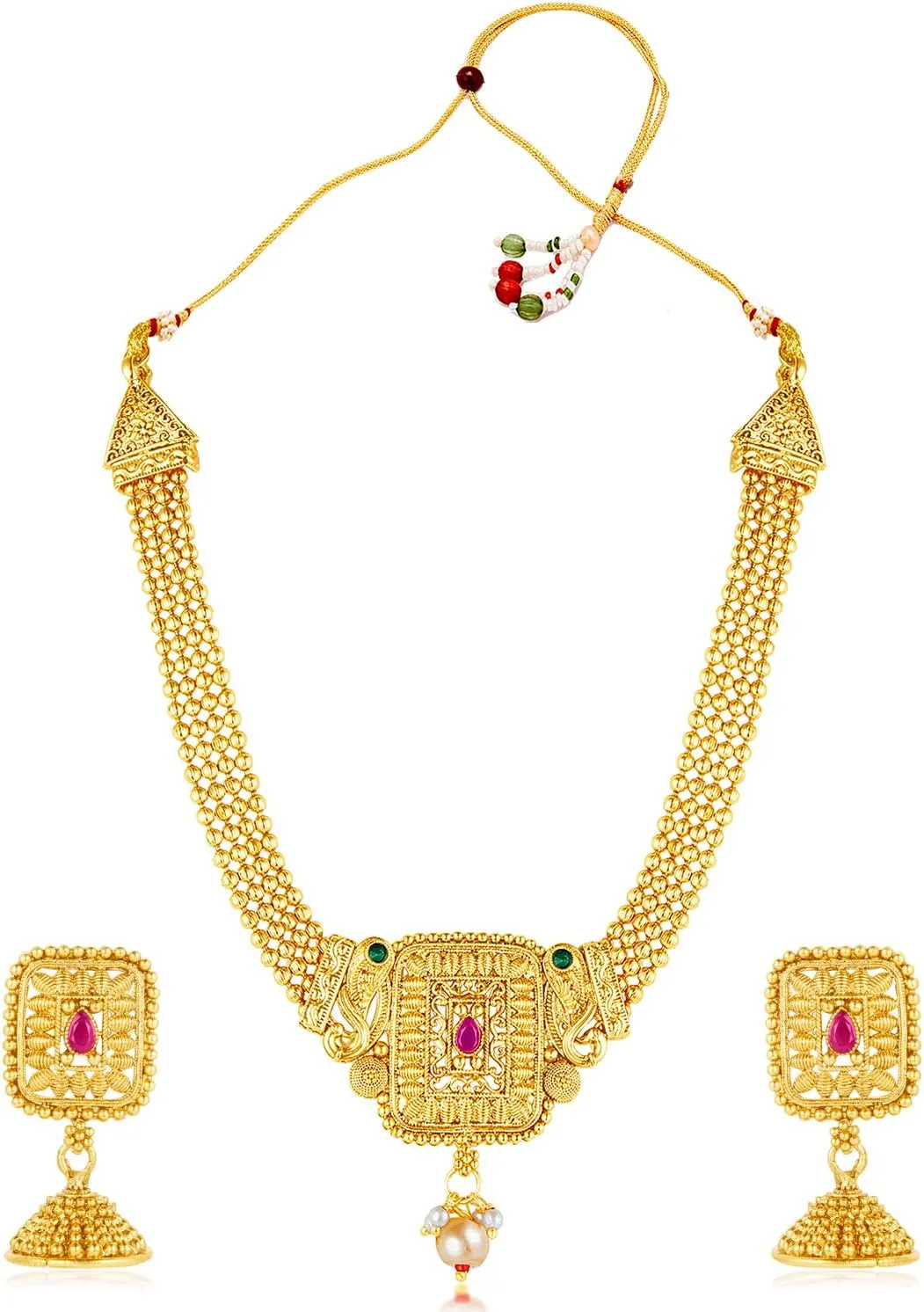 Aheli Gold Plated Rani Pink Green Synthetic Stone & Pearl Studded Necklace & Jhumki Earrings Ethnic Jewellery Set Gift for Women