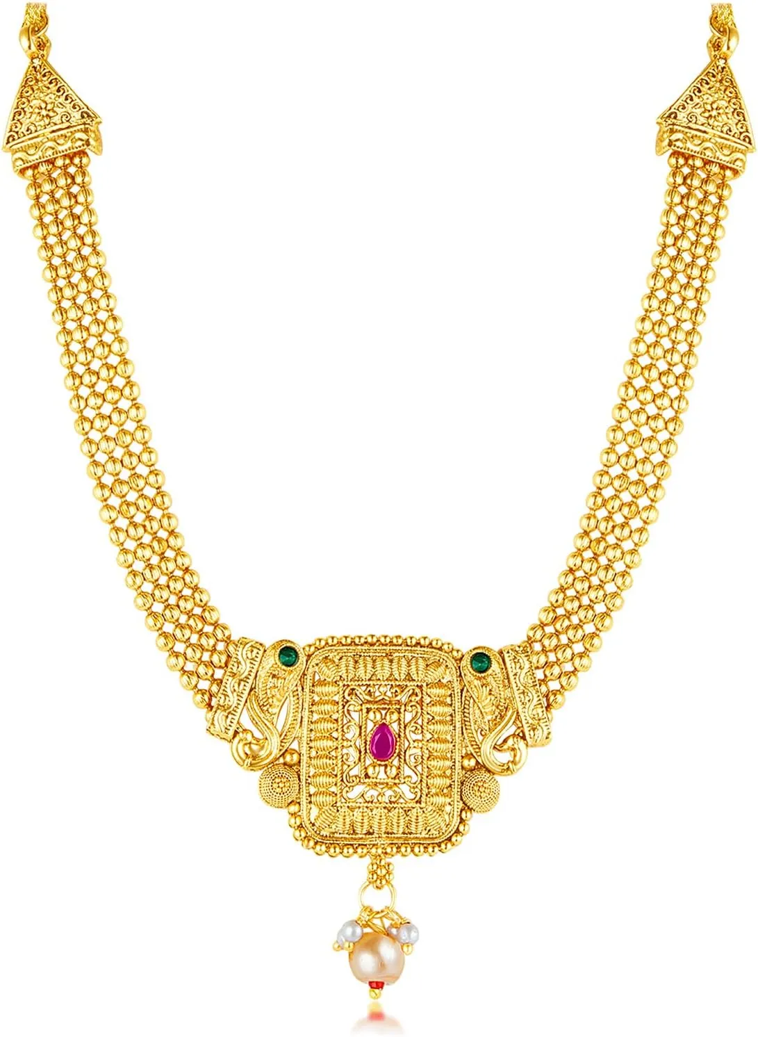 Aheli Gold Plated Rani Pink Green Synthetic Stone & Pearl Studded Necklace & Jhumki Earrings Ethnic Jewellery Set Gift for Women
