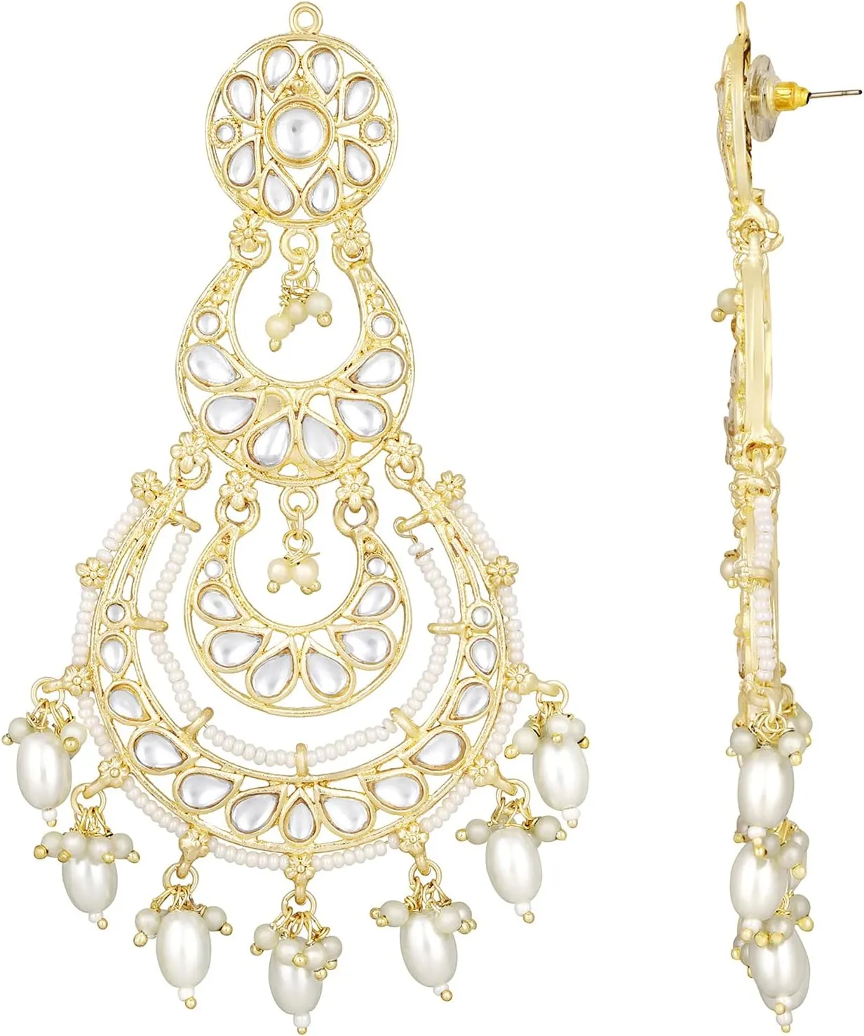 Aheli Traditional Gold Plated White Kundan & Pearl Studded Dangle Chandbali Earrings Ethnic Fashion Jewelry Gift for Women