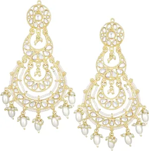 Aheli Traditional Gold Plated White Kundan & Pearl Studded Dangle Chandbali Earrings Ethnic Fashion Jewelry Gift for Women