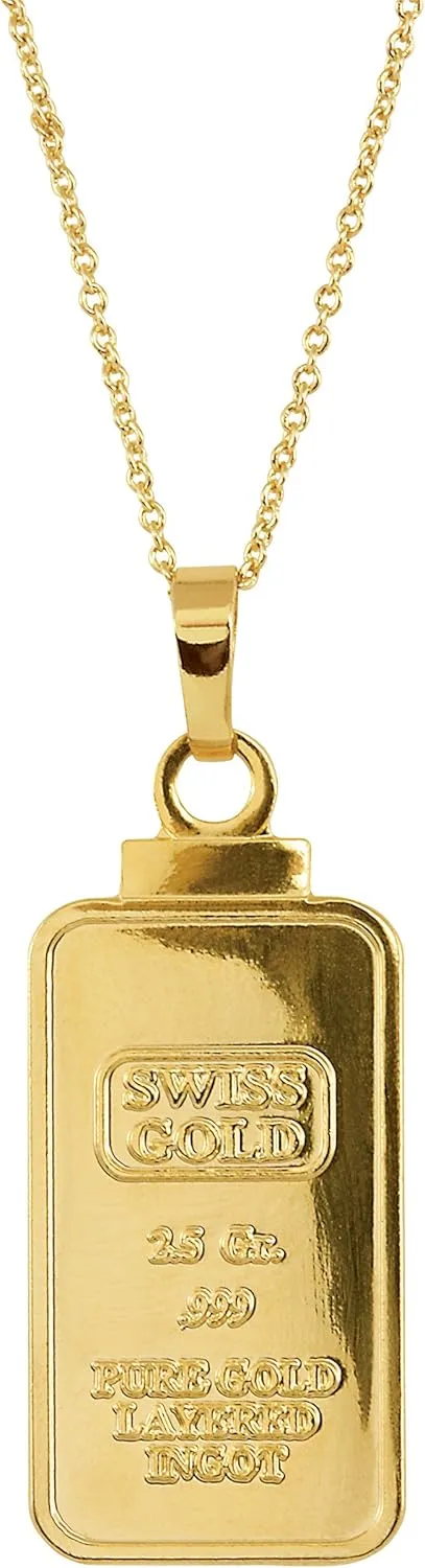 American Coin Treasures 2.5 Gram Swiss Ingot Replica Pendant Necklace Layered in 24kt Gold