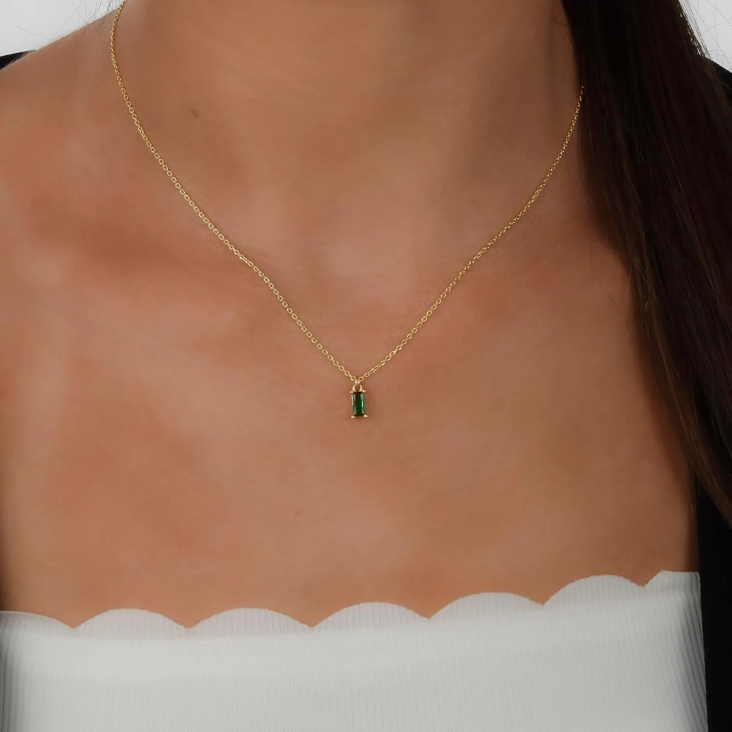 Annika Bella Gold Birthstone Necklace, Simulated Emerald Charm Necklace, Birthday Gift for Women (Green - May)