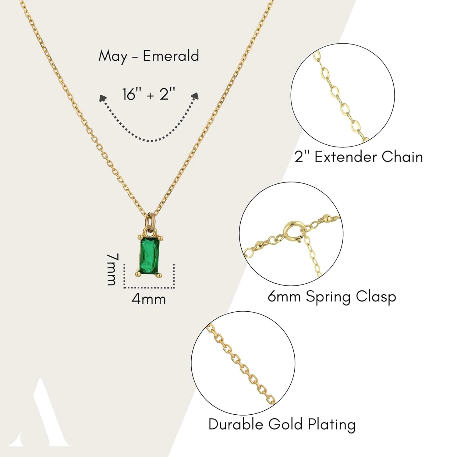 Annika Bella Gold Birthstone Necklace, Simulated Emerald Charm Necklace, Birthday Gift for Women (Green - May)