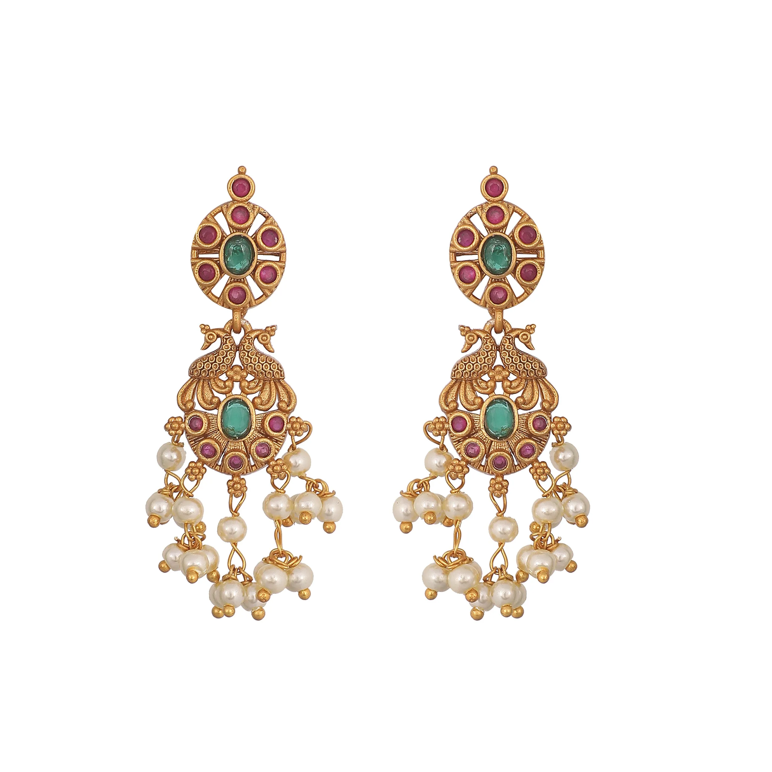 Antique Gold Plated Lalita CZ Pendant Dori Necklace Earrings Set