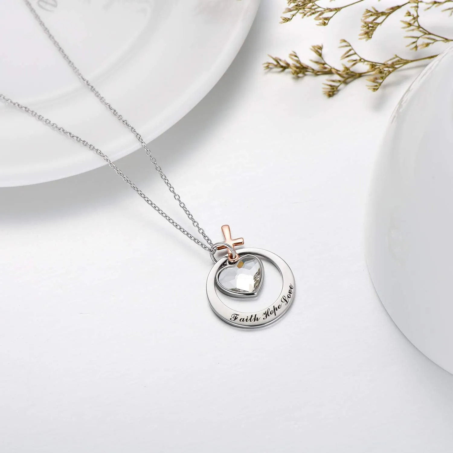 AOBOCO Two-Tone Sterling Silver and Rose Gold or Gold-Faith Hope Love Cross Charm Pendant Necklace with Austrian Crystal