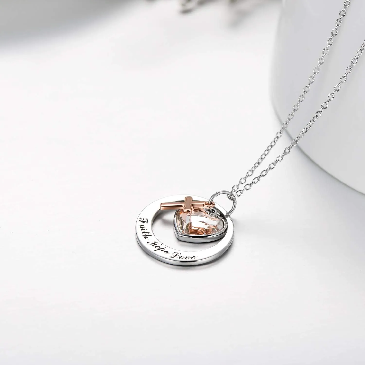 AOBOCO Two-Tone Sterling Silver and Rose Gold or Gold-Faith Hope Love Cross Charm Pendant Necklace with Austrian Crystal