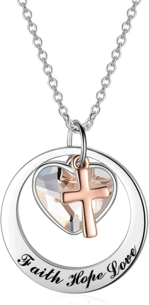 AOBOCO Two-Tone Sterling Silver and Rose Gold or Gold-Faith Hope Love Cross Charm Pendant Necklace with Austrian Crystal