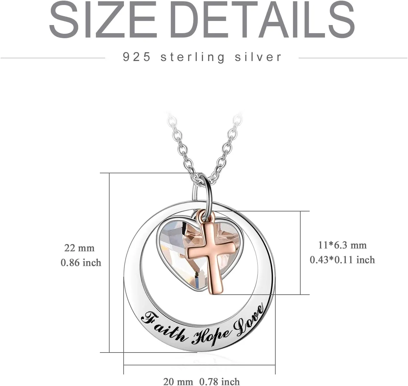 AOBOCO Two-Tone Sterling Silver and Rose Gold or Gold-Faith Hope Love Cross Charm Pendant Necklace with Austrian Crystal