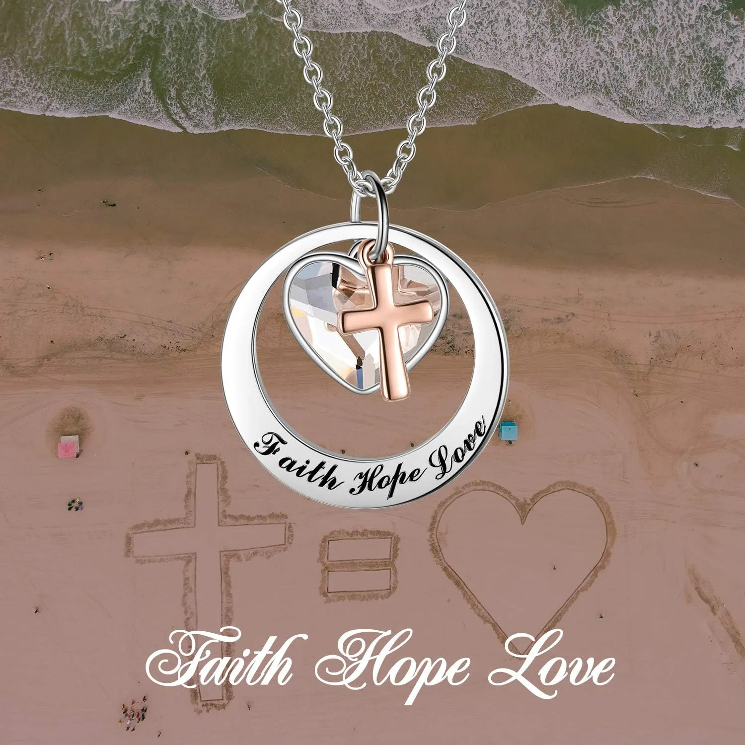 AOBOCO Two-Tone Sterling Silver and Rose Gold or Gold-Faith Hope Love Cross Charm Pendant Necklace with Austrian Crystal