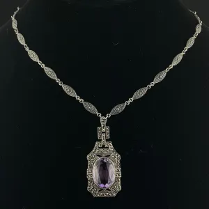 Art Deco Style Amethyst Marcasite Pendant Necklace