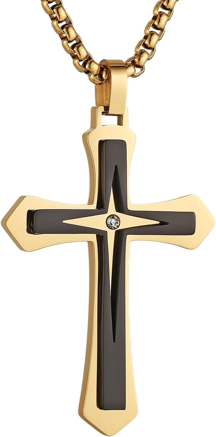 AsAlways High Polished Cross Necklace for Men Women, Studded with Diamond Cross Pendant Jewelry Gift Free 24 Inch Box Chain