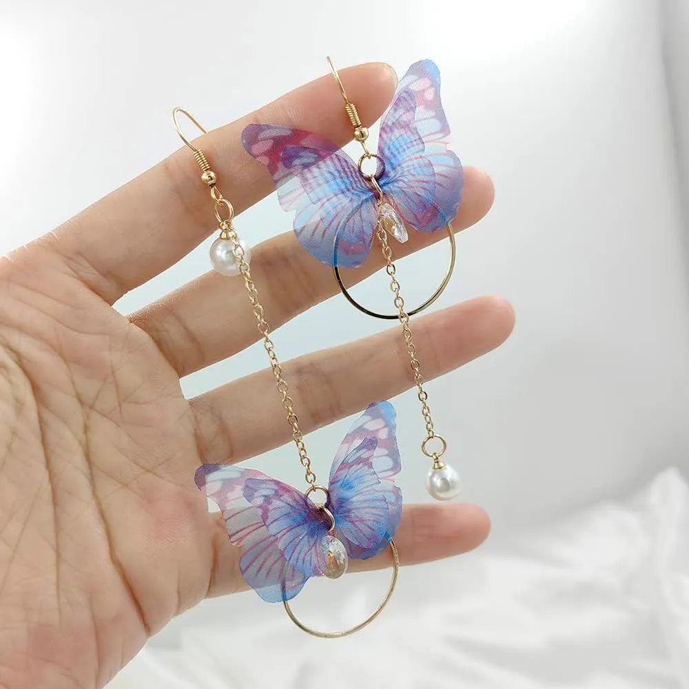 Asymmetric Butterfly Pearl Circle Drop Dangle Earrings With Tassel and Colored Tulle Wings